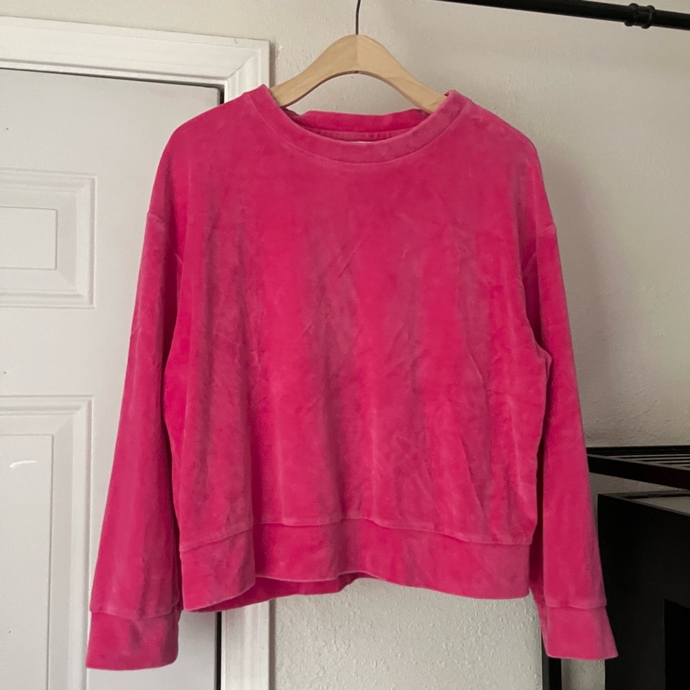 MIKOH pink magenta terry cloth knit suede velvetโ crew neck boxy sweater